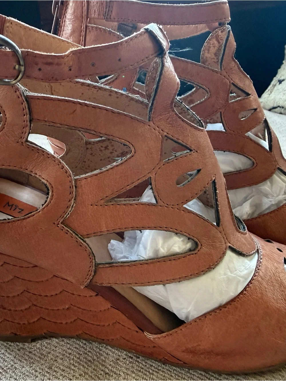 Miz Mooz Tan Cutout Leather Wedge Sandals